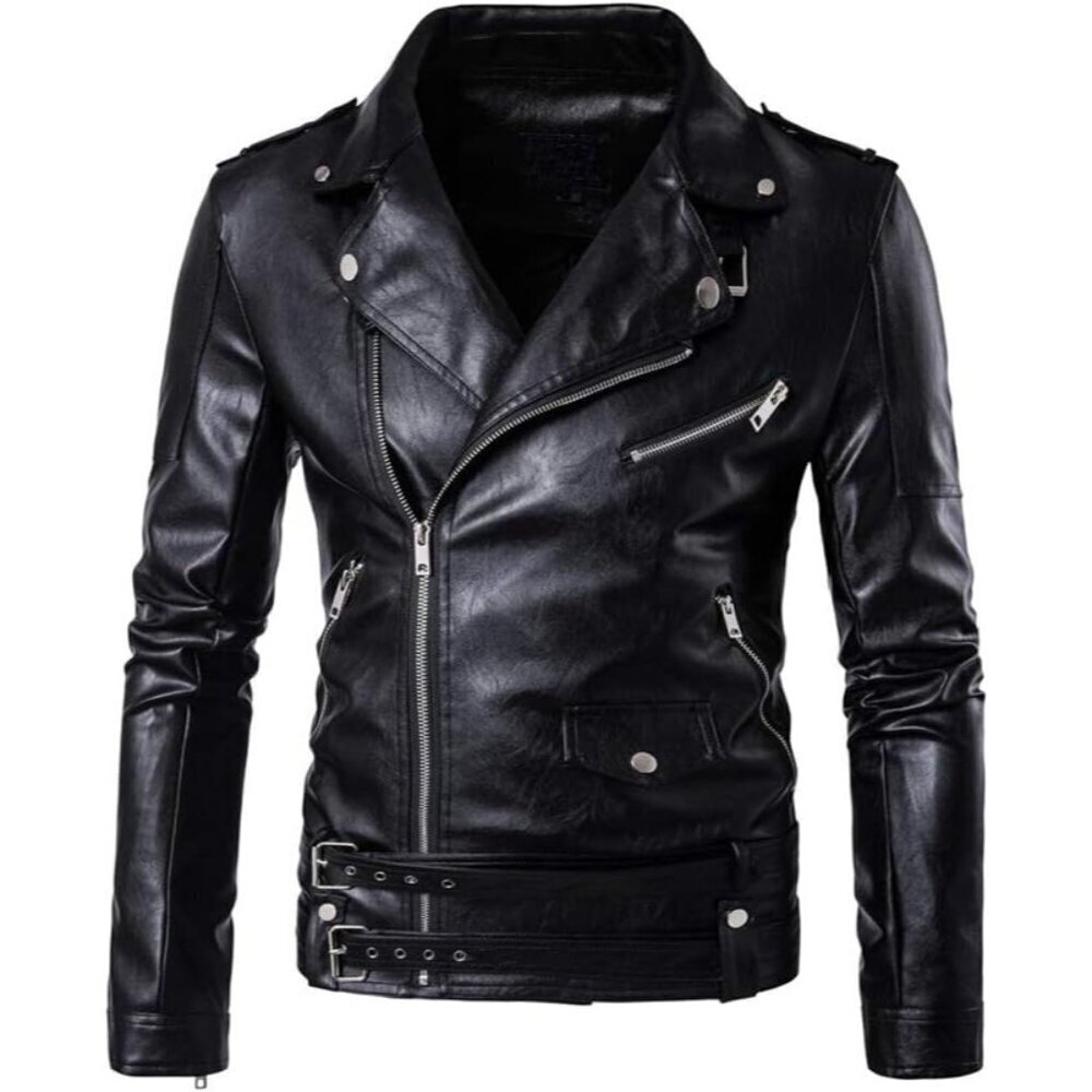 🆕Men Black PU Leather Belted Motorcycle Jacket Zipper Biker Coat